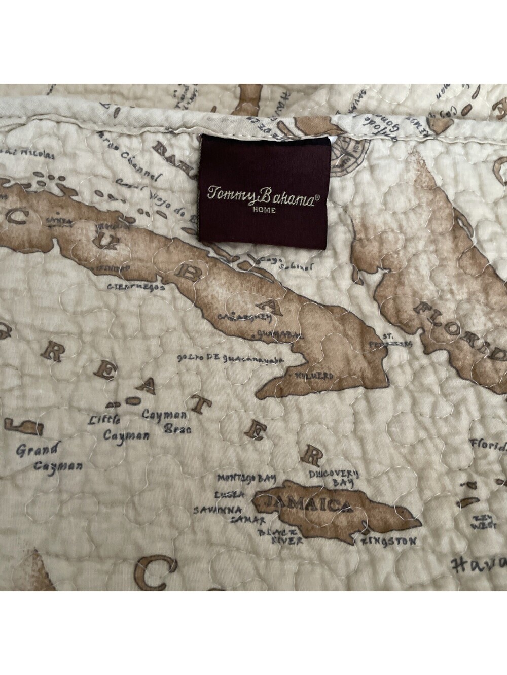 Tommy Bahama Reversible Map Quilt Nautical Sepia Tones Beige Twin 67” x 89” EUC